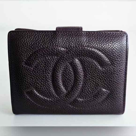 Chanel Burgundy Caviar Leather Compact Kisslock Wallet